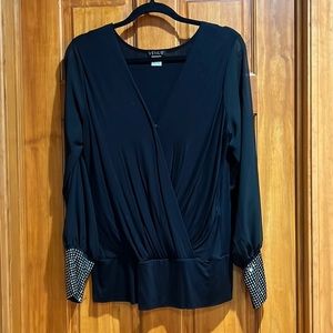 VENUS BLACK LONG SLEEVE BLOUSE WITH SILVER EMBELLISHED CUFFS  SIZE LARGE